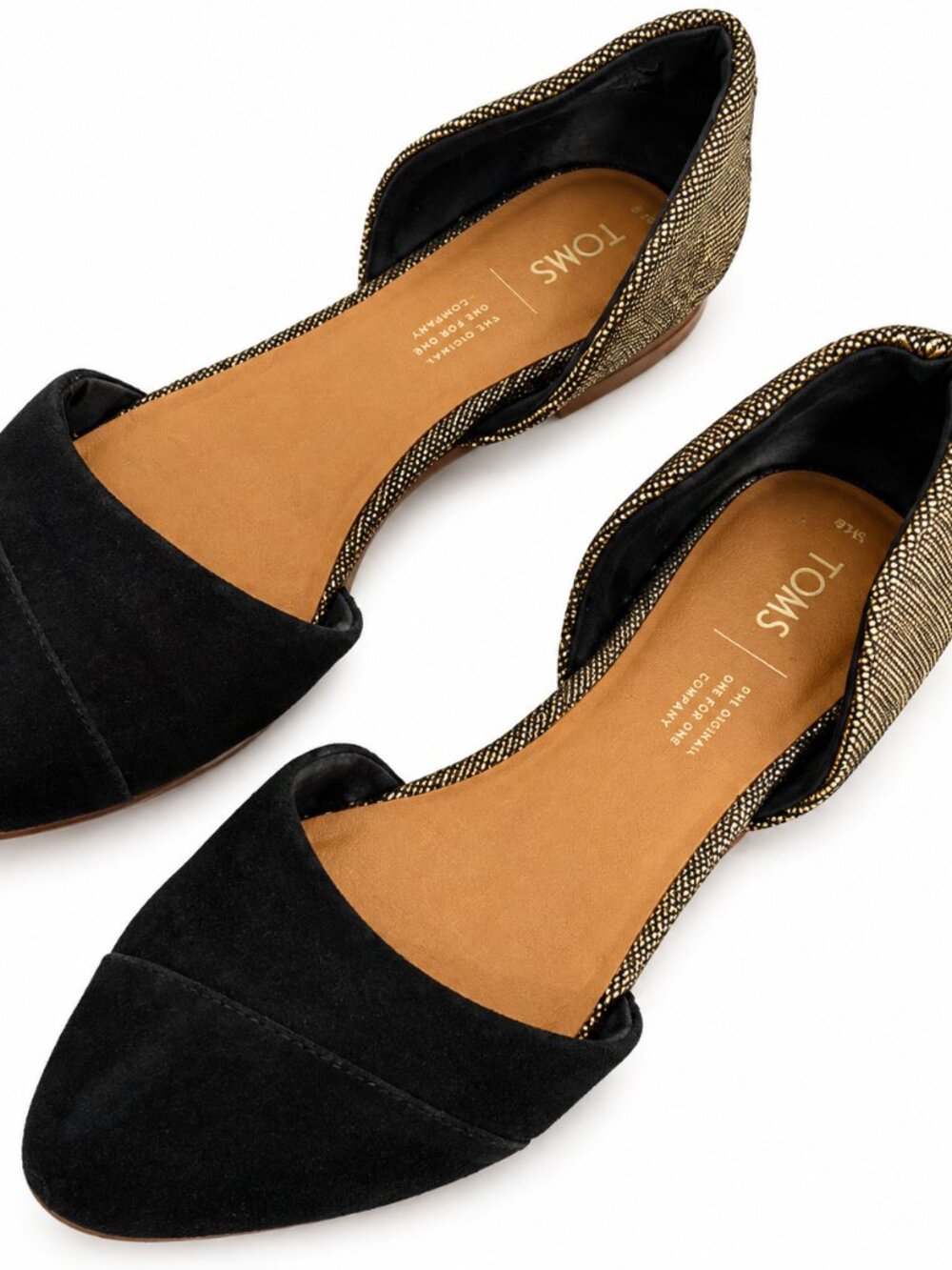 TOMS Jutti D’Orsay Black & Gold Suede Flats Shoes - Size 8W